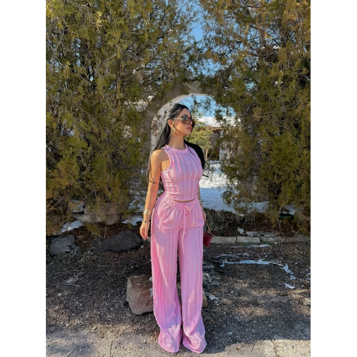 Pembe Halter Ters Dikişli İkili Takım