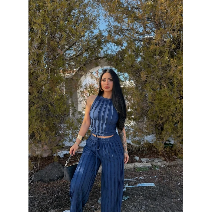 Lacivert Halter Ters Dikişli İkili Takım