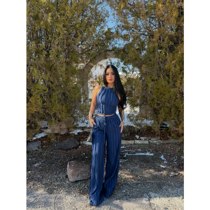 Lacivert Halter Ters Dikişli İkili Takım