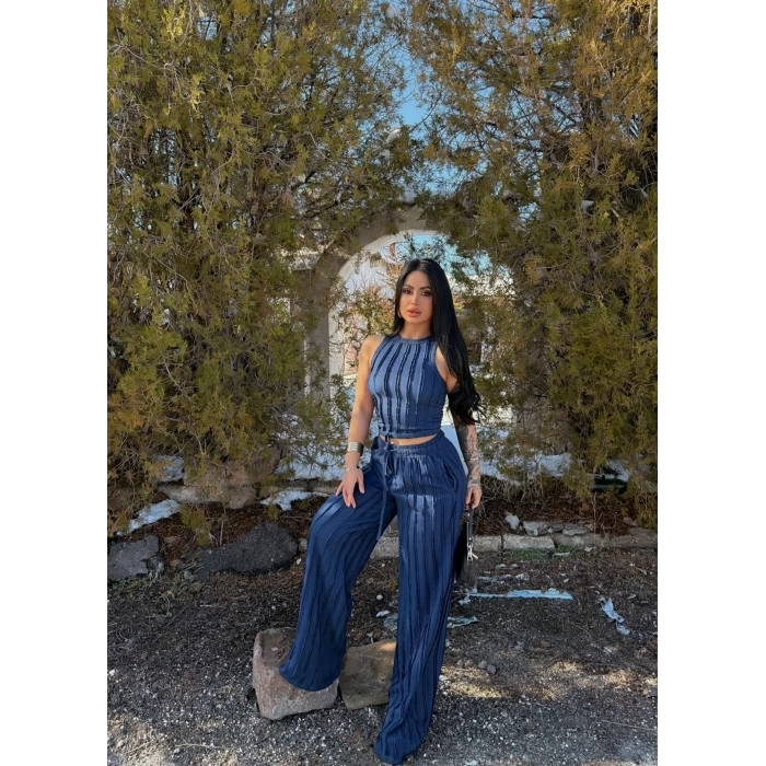 Lacivert Halter Ters Dikişli İkili Takım