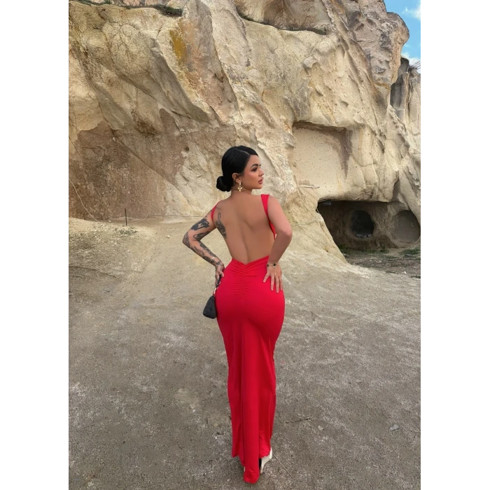 Kırmızı Sırt Açık Long Elbise