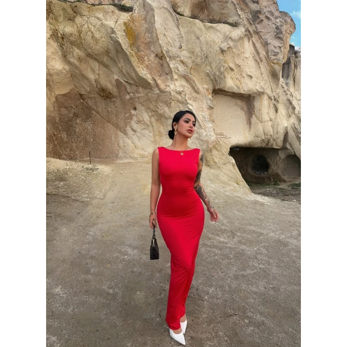 Kırmızı Sırt Açık Long Elbise