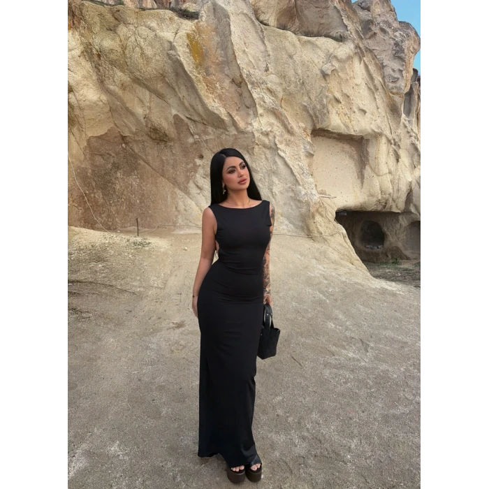 Siyah Sırt Açık Long Elbise