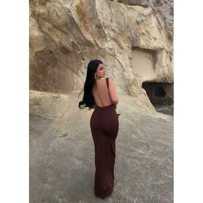 Kahve Sırt Açık Long Elbise