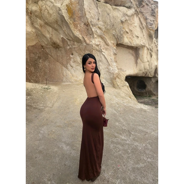 Kahve Sırt Açık Long Elbise