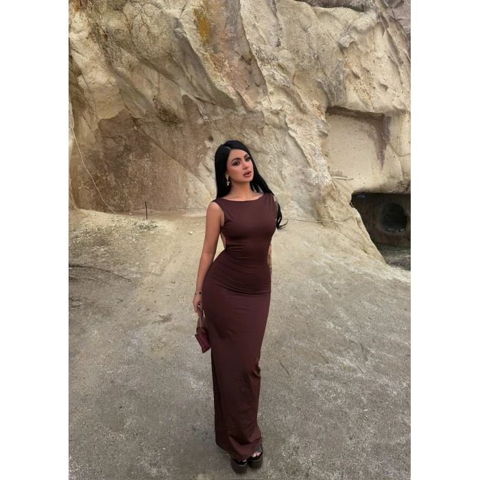 Kahve Sırt Açık Long Elbise