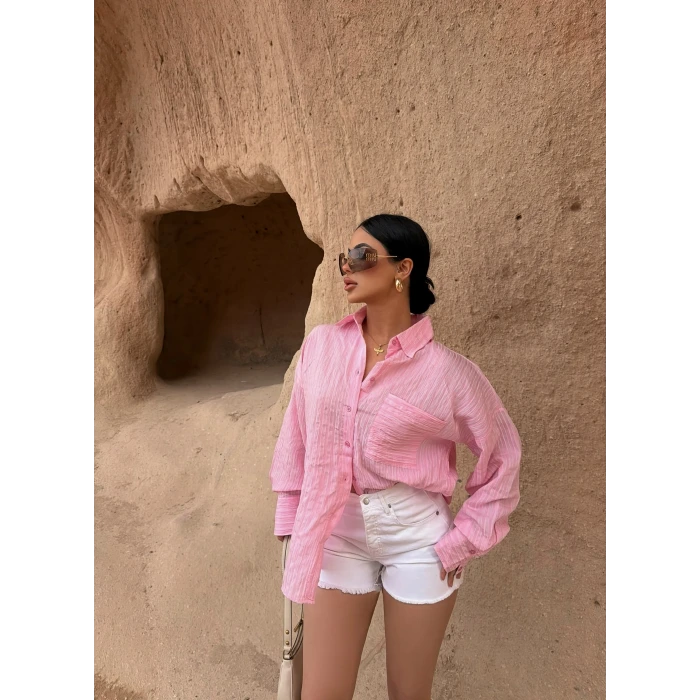 Pembe Tek Cep Sırt Dekolte Gömlek