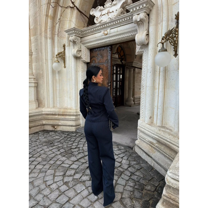 Lacivert Çizgili Blazer Üçlü Takım