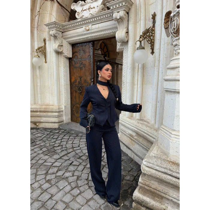 Lacivert Çizgili Blazer Üçlü Takım
