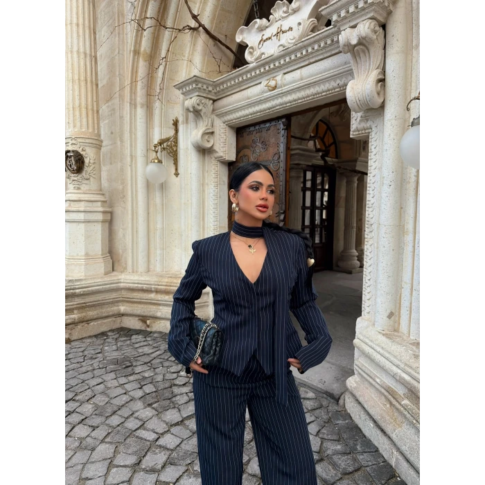 Lacivert Çizgili Blazer Üçlü Takım