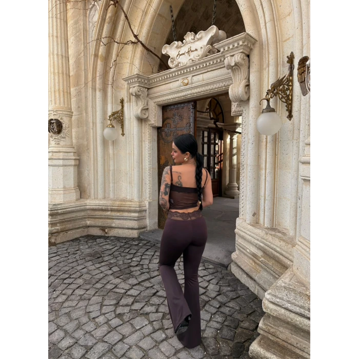 Kahve Güpür Detaylı Tayt İkili Takım