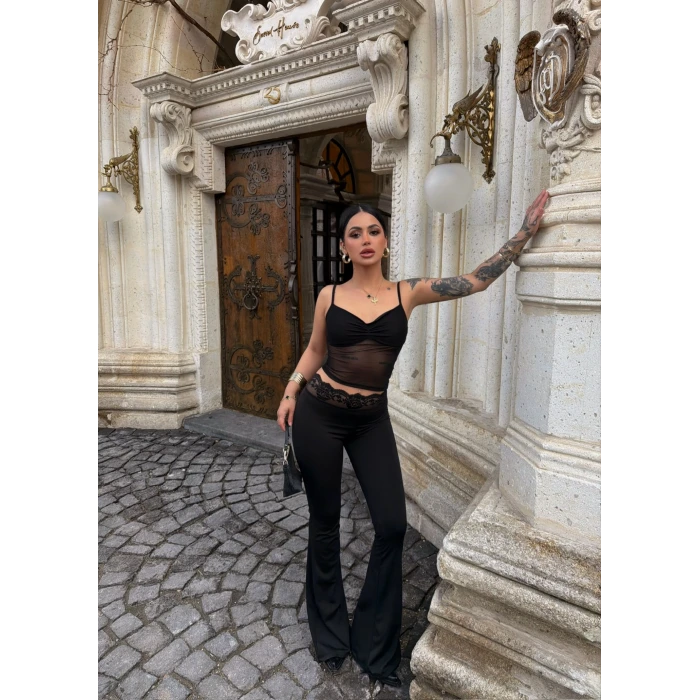 Siyah Güpür Detaylı Tayt İkili Takım