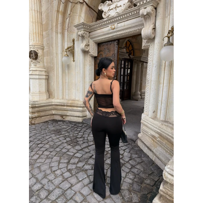 Siyah Güpür Detaylı Tayt İkili Takım