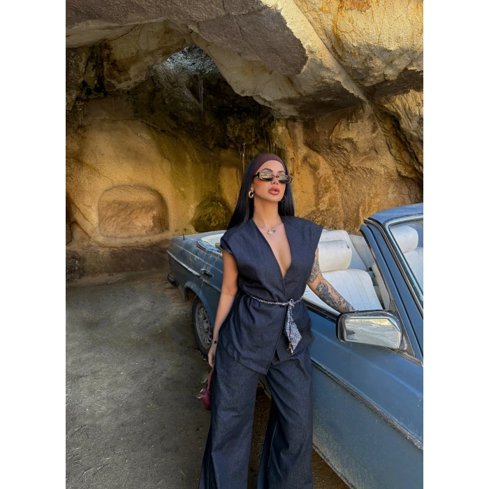 Yelekli Denim İkili Takım