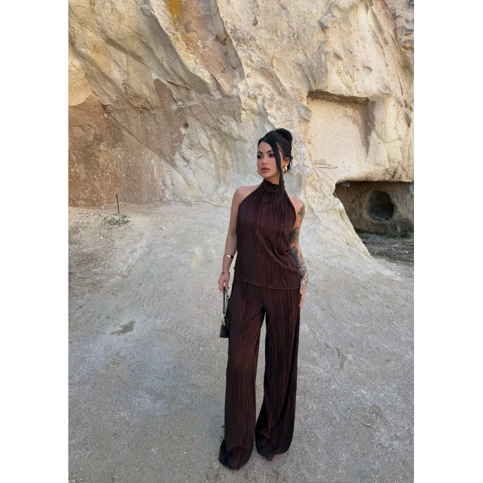 Kahve Sırt Dekolte Fitilli Takım