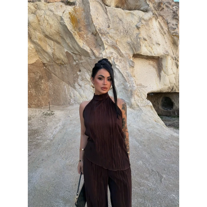 Kahve Sırt Dekolte Fitilli Takım