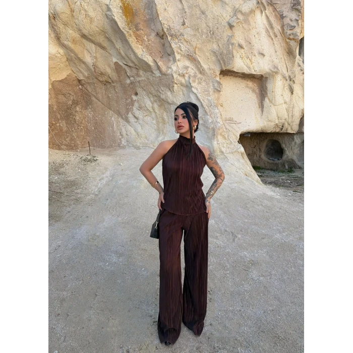 Kahve Sırt Dekolte Fitilli Takım