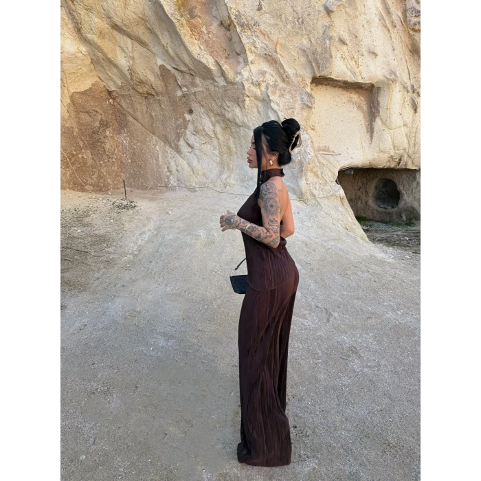 Kahve Sırt Dekolte Fitilli Takım