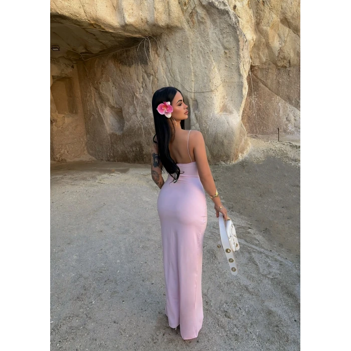 Pudra İp Askılı Maxi Basic Elbise