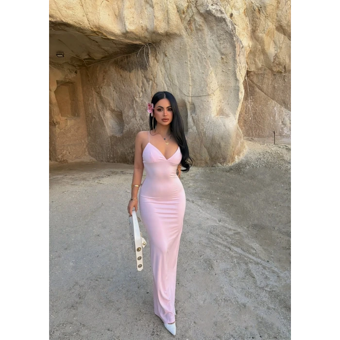 Pudra İp Askılı Maxi Basic Elbise