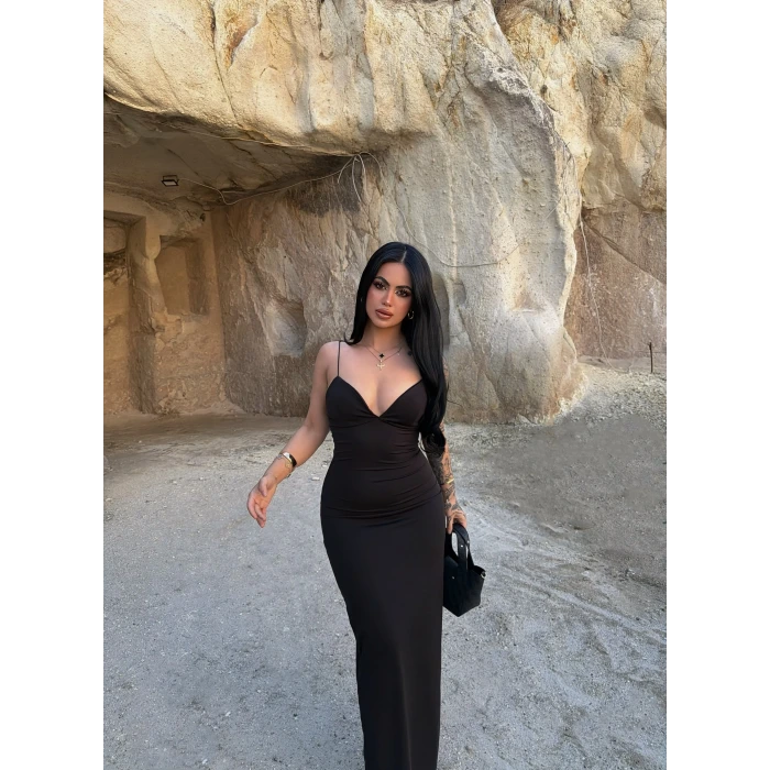 Siyah İp Askılı Maxi Basic Elbise