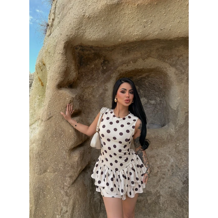 Puantiyeli Eteği Fırfırlı Elbise