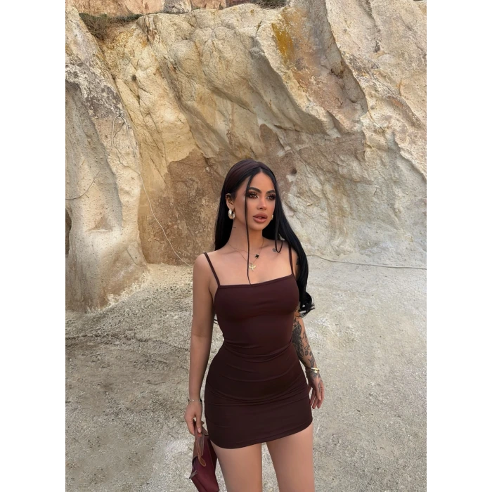 Kahve Askılı Bodycon Mini Elbise