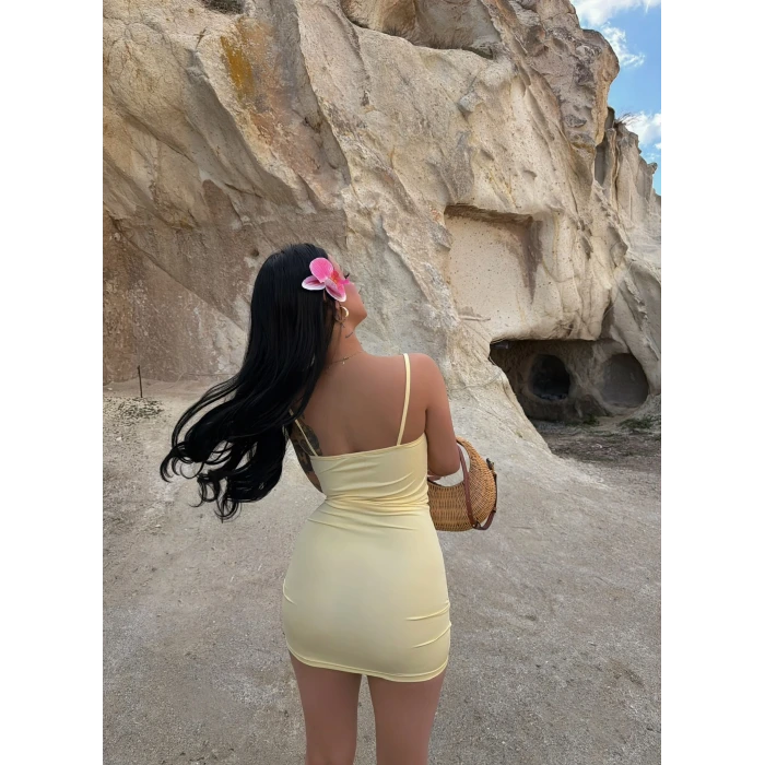 Sarı Askılı Bodycon Mini Elbise