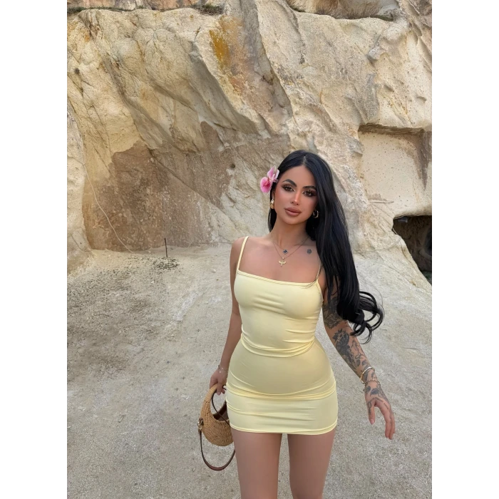 Sarı Askılı Bodycon Mini Elbise