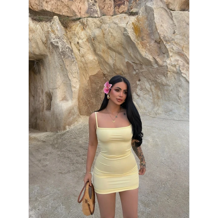Sarı Askılı Bodycon Mini Elbise