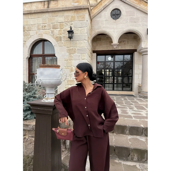 Kahve Modal Gömlek Pantolon İkili Takım