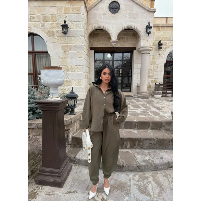Haki Modal Gömlek Pantolon İkili Takım