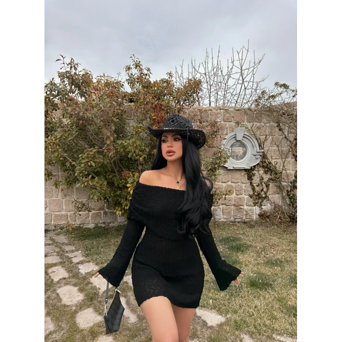 Siyah Katlamalı Triko Madonna Elbise