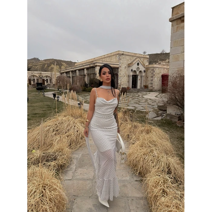 Beyaz Puantiyeli Fularlı Elbise