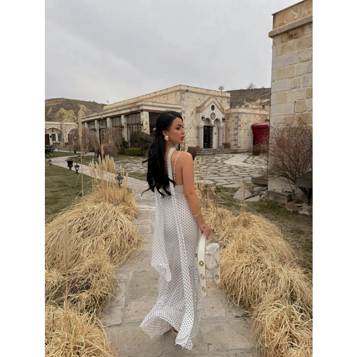 Beyaz Puantiyeli Fularlı Elbise