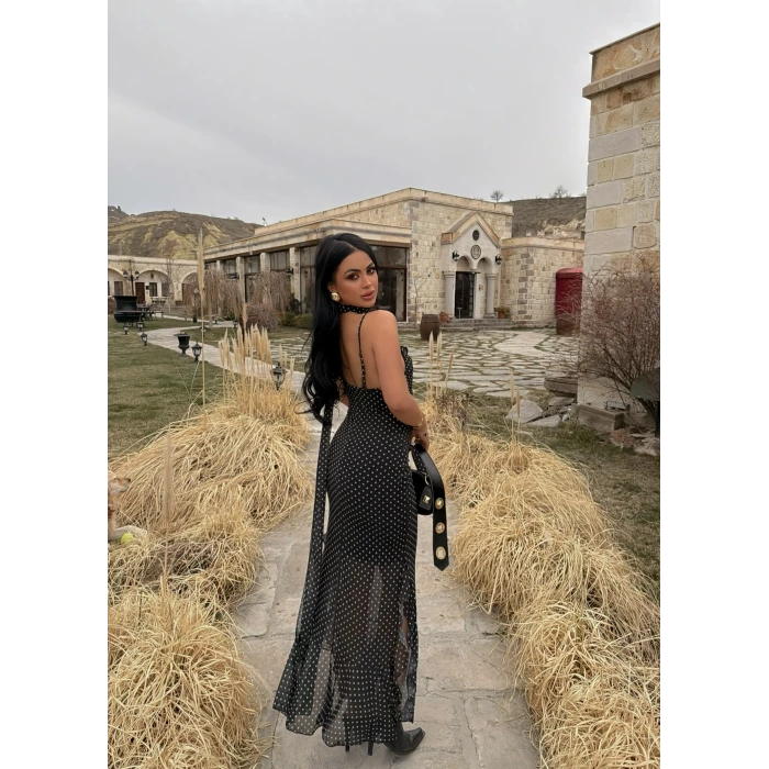 Siyah Puantiyeli Fularlı Elbise