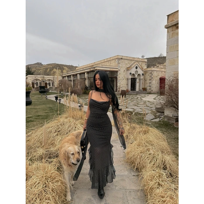 Siyah Puantiyeli Fularlı Elbise