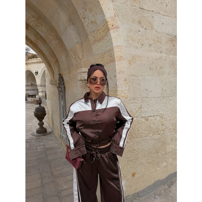 Kahve Saten Eşofman İkili Takım