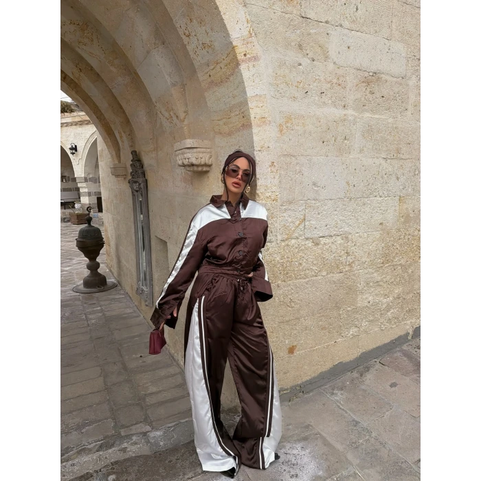 Kahve Saten Eşofman İkili Takım