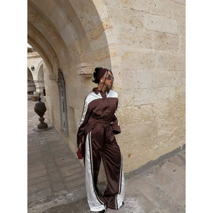 Kahve Saten Eşofman İkili Takım