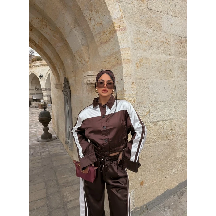 Kahve Saten Eşofman İkili Takım