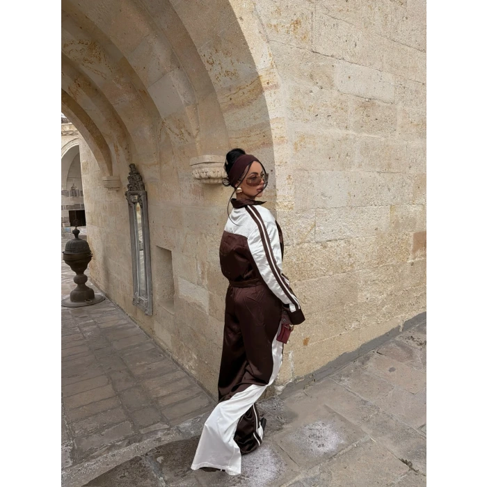 Kahve Saten Eşofman İkili Takım