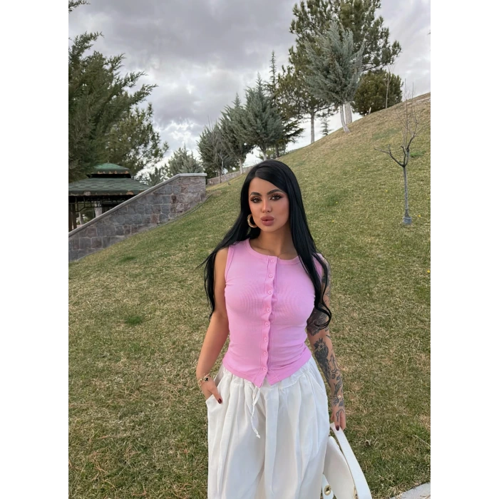 Pembe Ön Düğmeli Kaşkorse Bluz