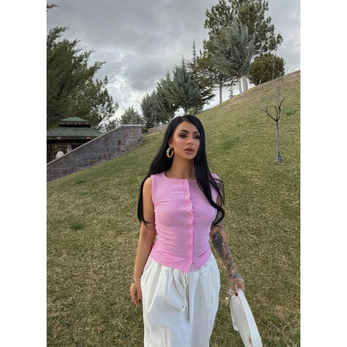 Pembe Ön Düğmeli Kaşkorse Bluz