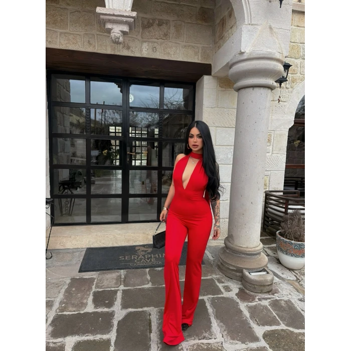 Kırmızı Boyundan Geçmeli Toparlayıcı Tulum