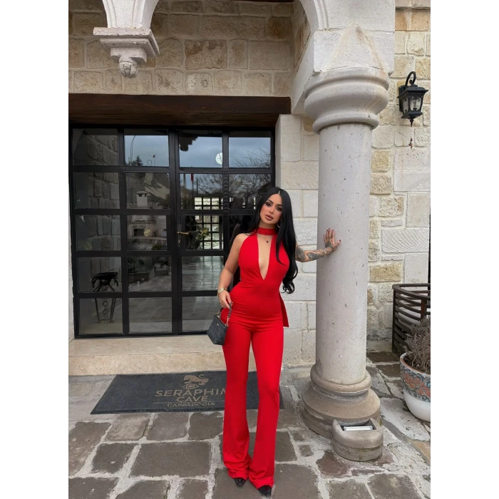 Kırmızı Boyundan Geçmeli Toparlayıcı Tulum