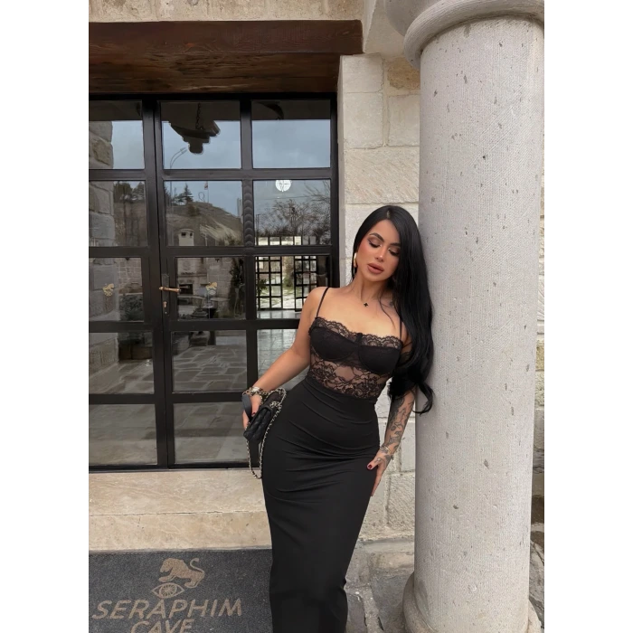 Güpürlü İp Askılı Maxi Elbise