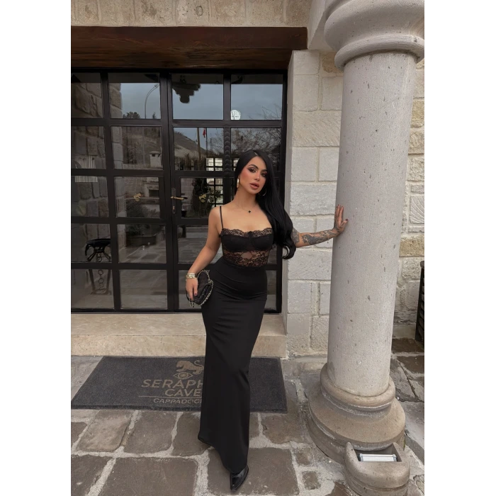 Güpürlü İp Askılı Maxi Elbise