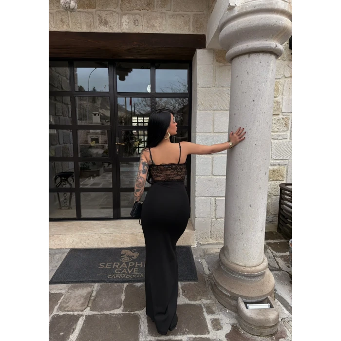 Güpürlü İp Askılı Maxi Elbise