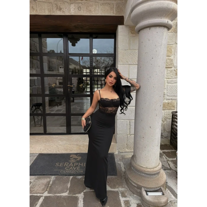 Güpürlü İp Askılı Maxi Elbise